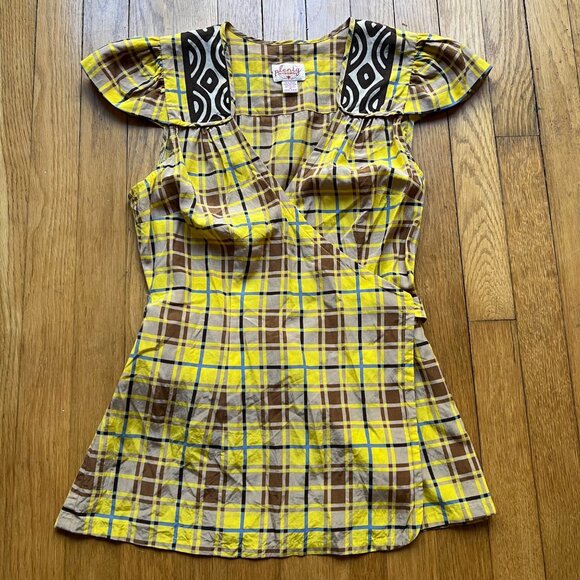 Plenty By Tracy Reese Size 4 Yellow Brown Plaid Silk Blend Cap Sleeve Blouse Top - Picture 2 of 13